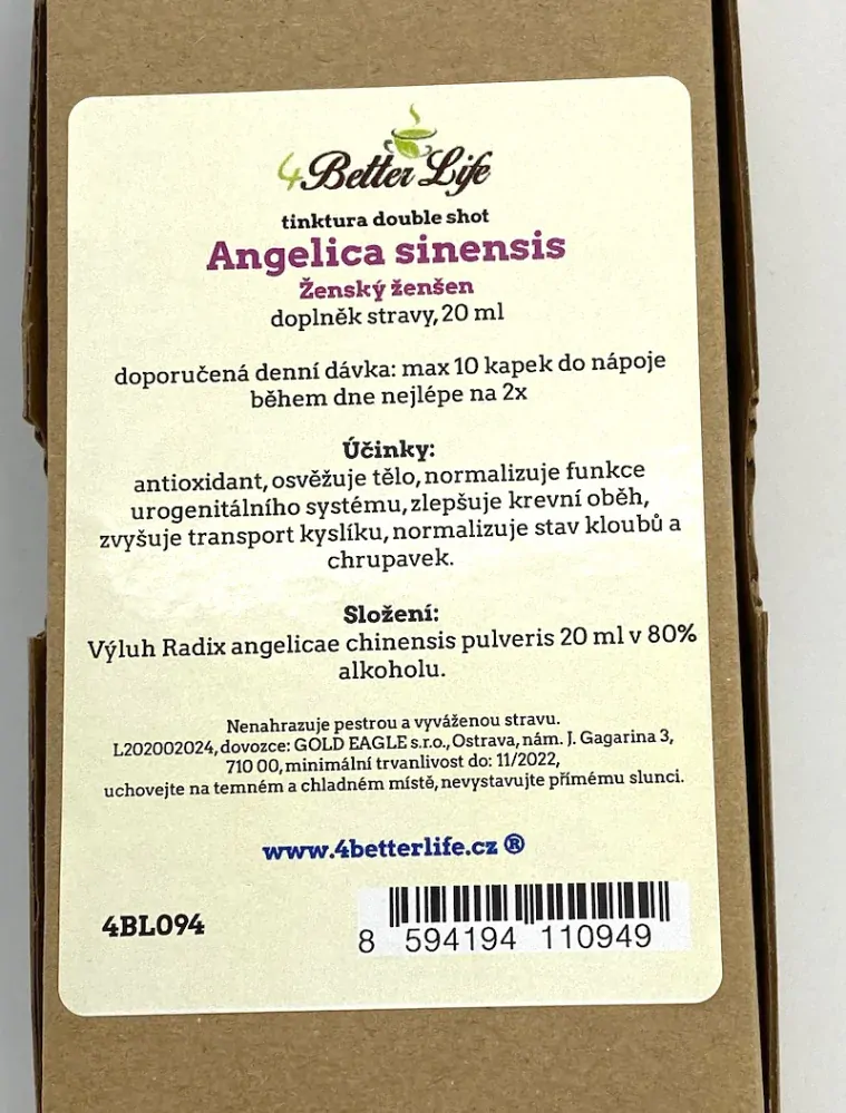 Ženský ženšen - Tinktura z byliny angelica sinensis, mletý kořen, dvojitá síla , 20 ml