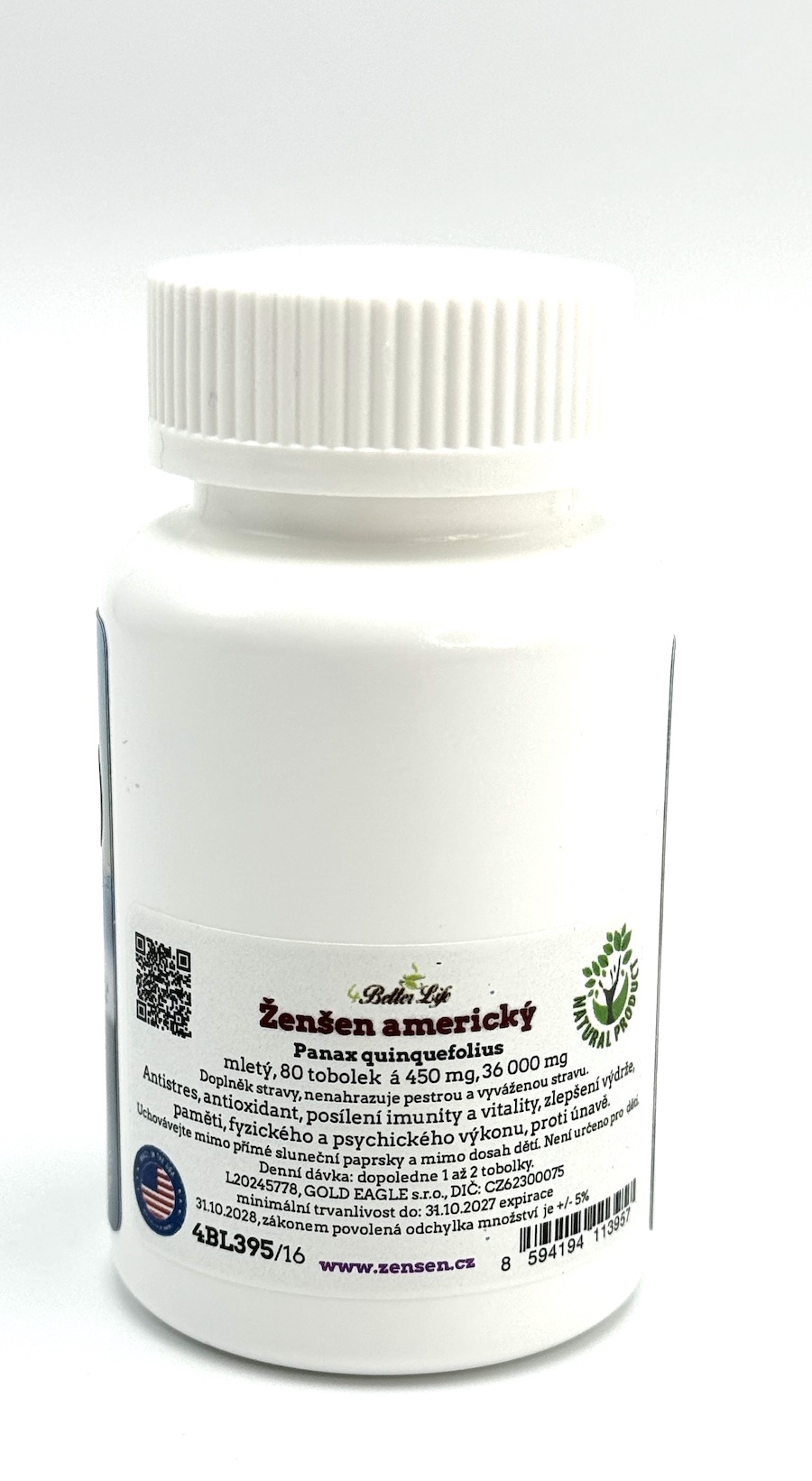 Ženšen, americký (USA), tobolky, prebiotické (HPMC), 80 ks, 36 g